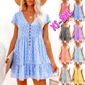 V-Neck Button Small Floral Short Sleeve Loose Casual Dress